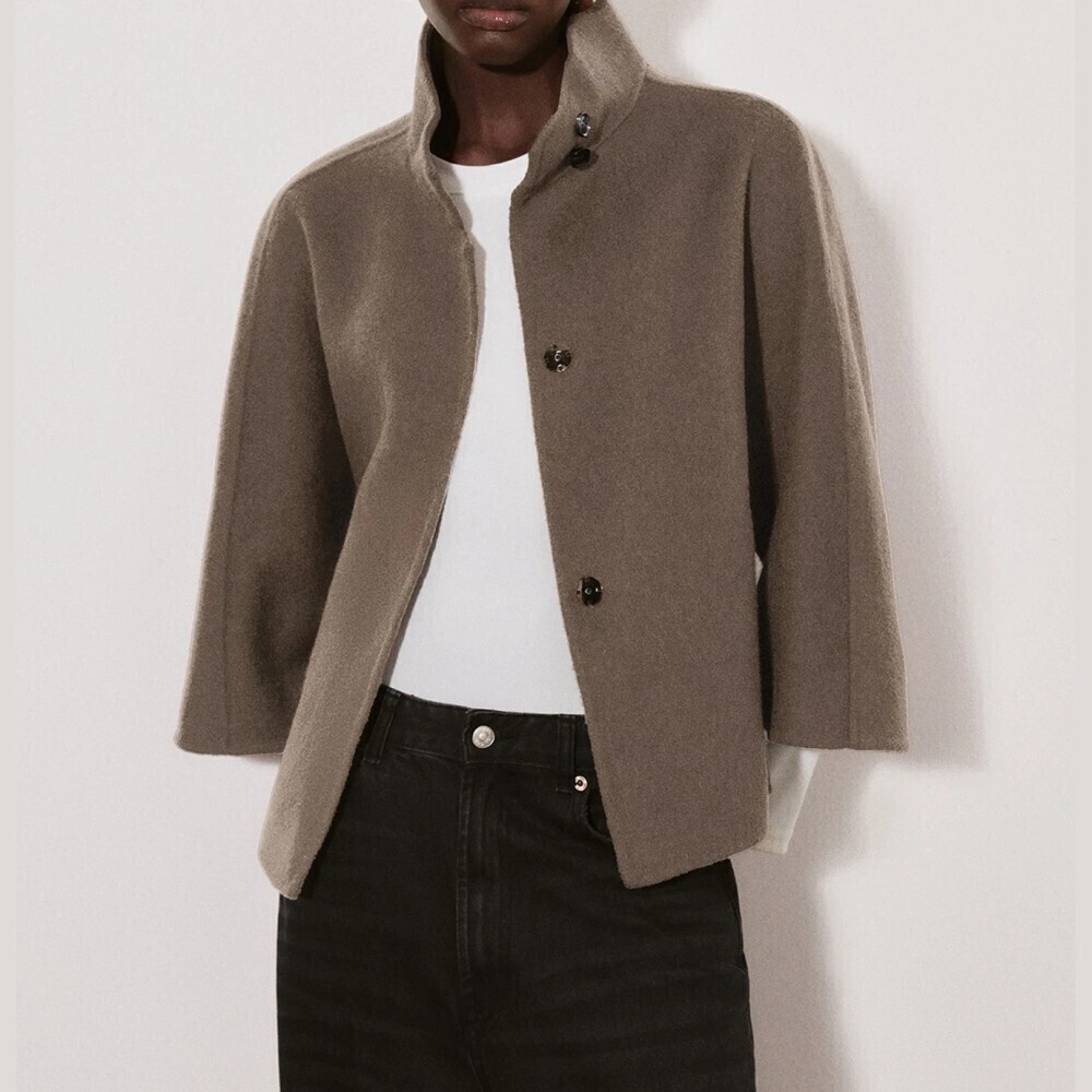 Taupe Brown Wool Blend Funnel Neck Cropped Pea Coat Coat